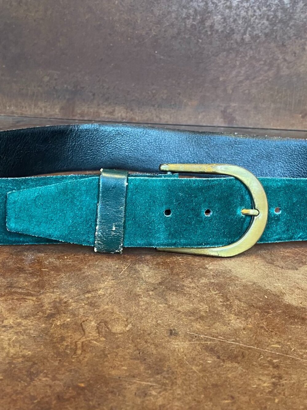 Vintage Emerald Green Suede Leather Women's Belt Gold Tone Buckle